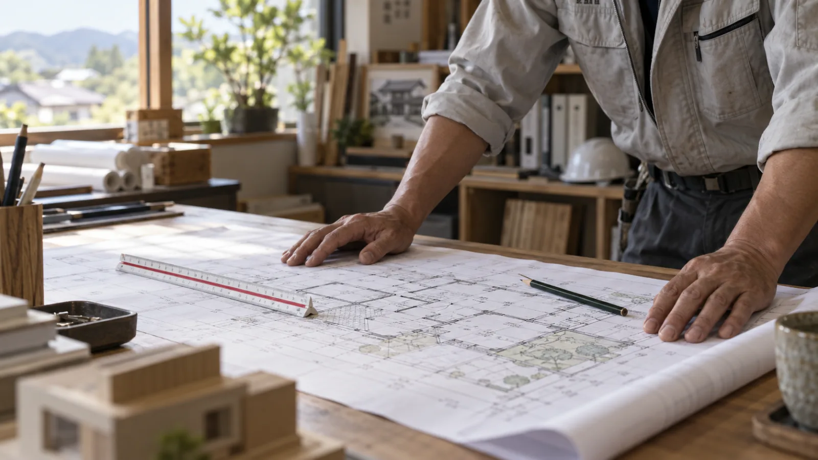 工務店の事務所で、平面図を机に広げる作業着の手元。三角スケールと鉛筆が図面の上に置かれている