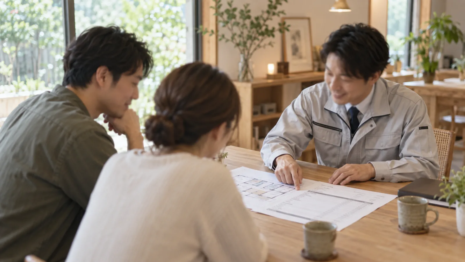 工務店の担当者が、テーブルの見積書と間取り図を指しながら30代の夫婦に説明している