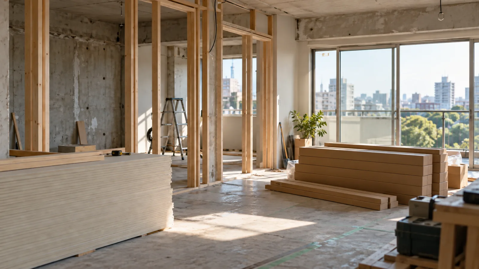 改装中のマンションの一室。コンクリートの壁と新しい木の下地、窓際に積まれた石膏ボードと床材